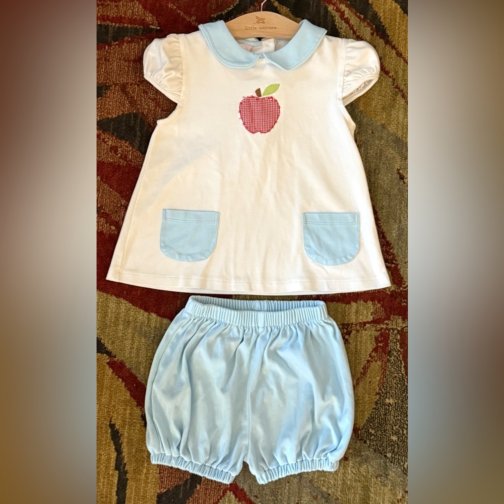 LULLABY SET Girl’s 6 S Classic 2-piece Set Apple Appliqué School White Blue Red